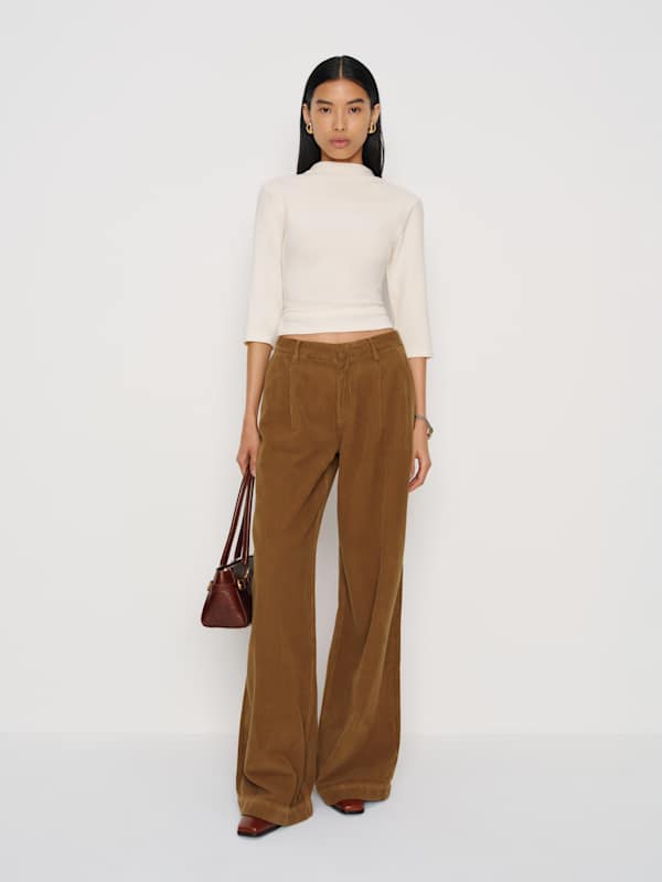 Malia Mid Rise Wide Leg Pleated Trouser Pants - Kodiak Corduroy